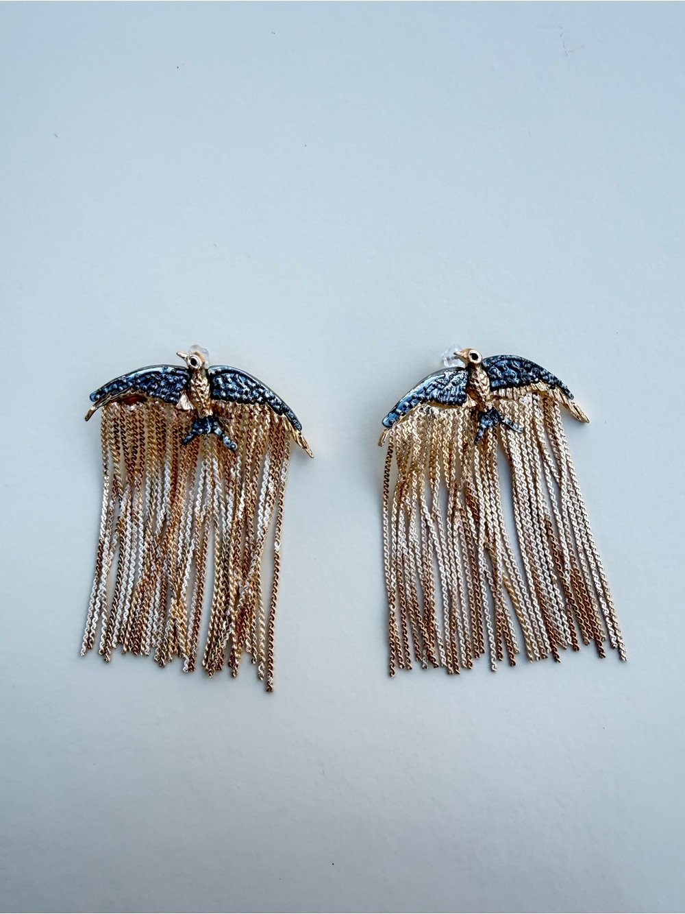 ✨ Dramatic Bird Statement Earrings – Cascading Gold Fringe & Textured Detail